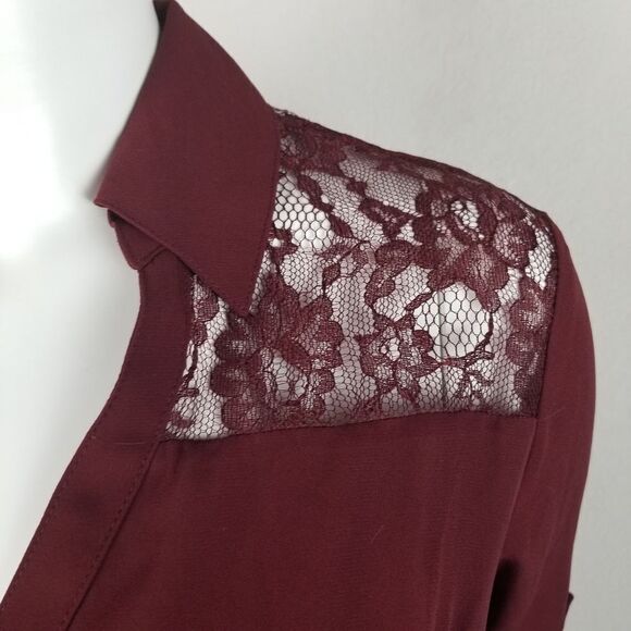Express Lace Embellished Button Front Maroon Top - Picture 6 of 10
